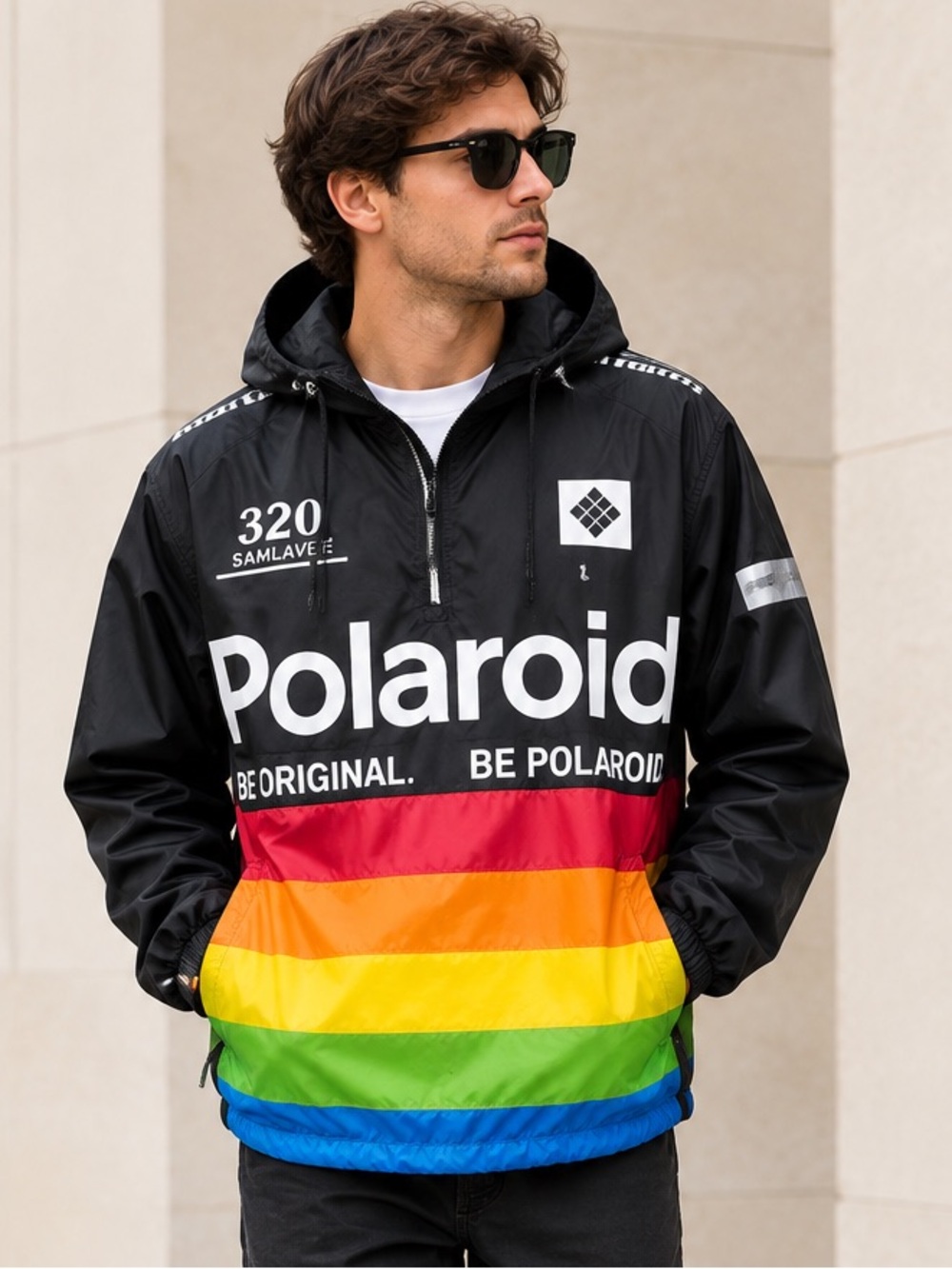 Sz S Polaroid Vintage Colorful Black Windbreaker Anorak Jacket Retro